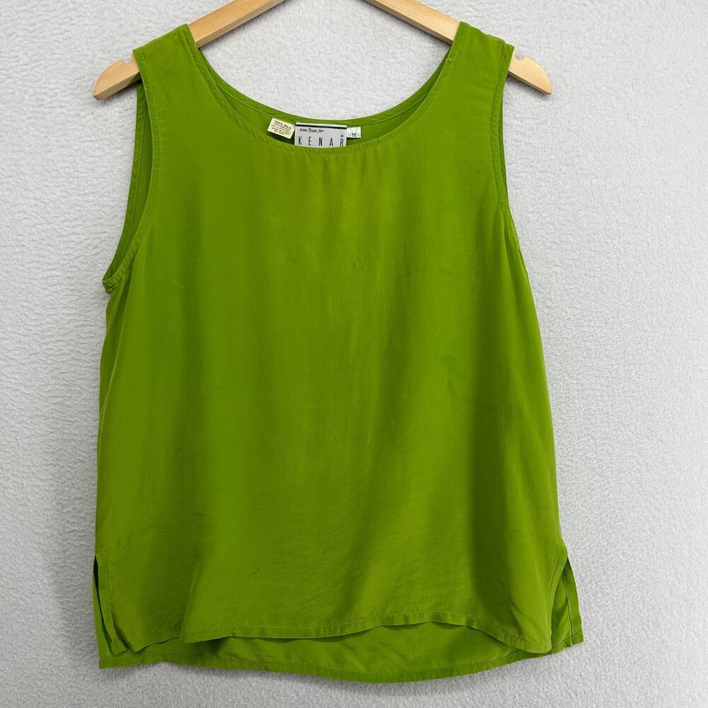 KENAR Tank Top Womens M Ann Tjian Silk Crepe de Chine Round Neck Green VTG